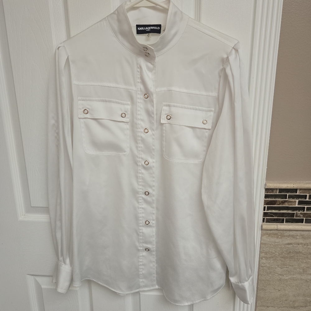 Karl Lagerfeld White Blouse with Pointed Collar and Long Sleeves